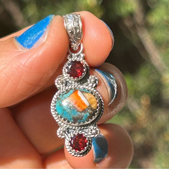 Genuine garnet and turquoise sterling silver 925 pendant. - Picture 7 of 7